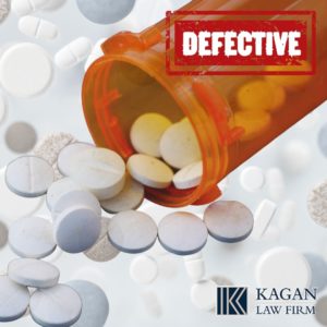 Defective Drugs illustration showing spilled pills and pill bottle.